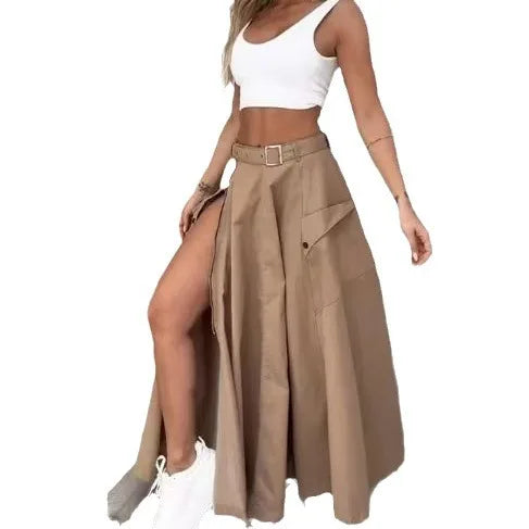 Women's Elegant Two-Piece Set 2024 Spring Summer New Sleeveless Fashion Casual Vest Solid Slit Belt Skirt Two-Piece Set Outfits