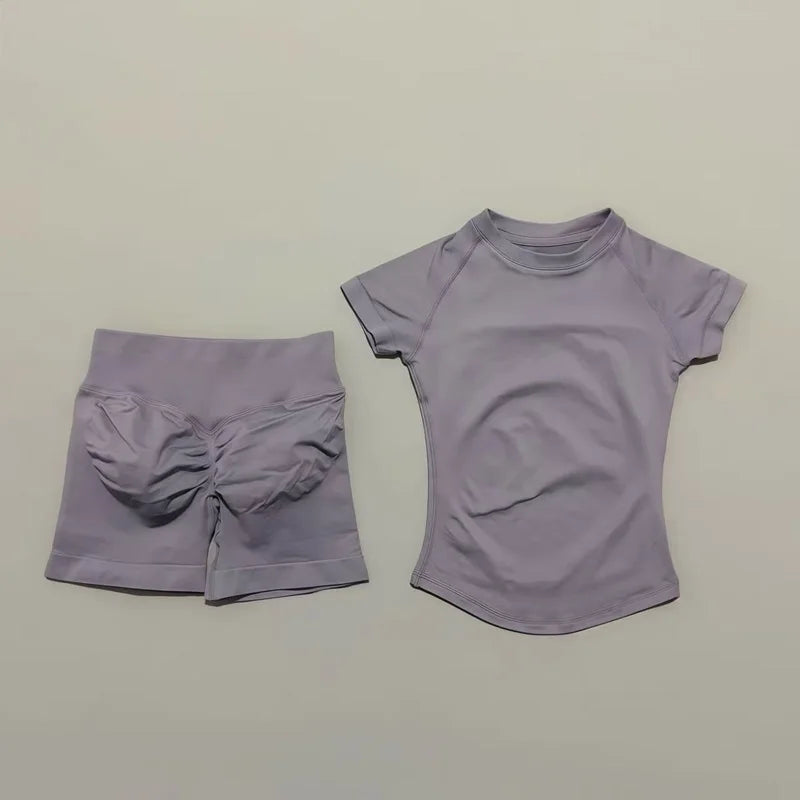 2Pcs Women Fitness Set Short Sleeve Low Ribbed Waist Shorts Ruched Butt Lifting Quick Dry Breathable Stretch Gym Workout Set
