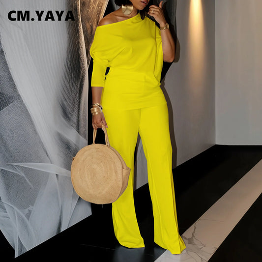 CM.YAYA Women's Set Full Sleeve Skew collar T-shirt + Wide Leg Pants Suit 2024 Fall Winter Fitness Two 2 Piece Sets Outfits