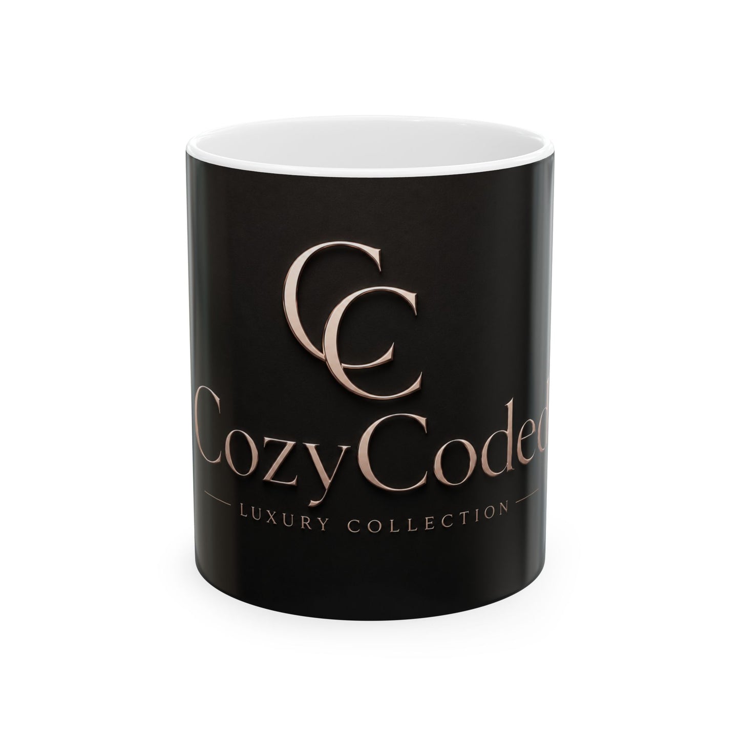 CozyCoder Luxury Collection Mug — Black Logo Ceramic Coffee Cup (11oz & 15oz)