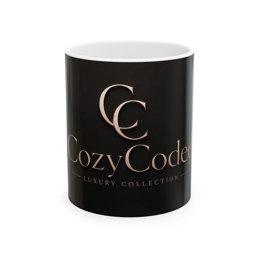 CozyCoder Luxury Collection Mug — Black Logo Ceramic Coffee Cup (11oz & 15oz)