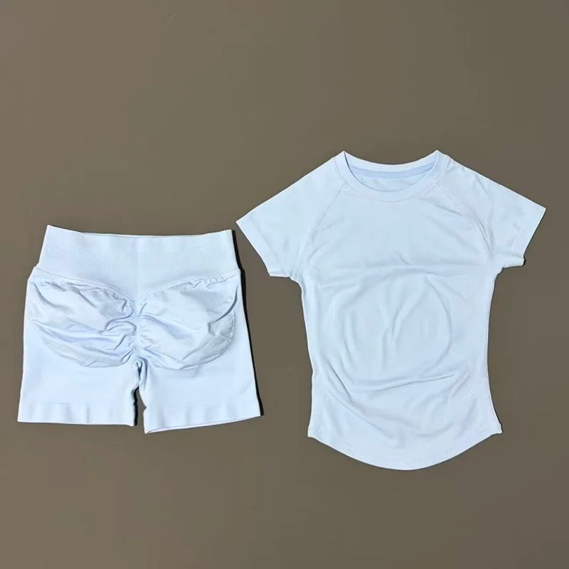 2Pcs Women Fitness Set Short Sleeve Low Ribbed Waist Shorts Ruched Butt Lifting Quick Dry Breathable Stretch Gym Workout Set