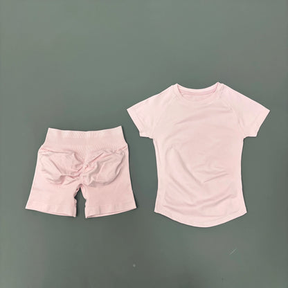 2Pcs Women Fitness Set Short Sleeve Low Ribbed Waist Shorts Ruched Butt Lifting Quick Dry Breathable Stretch Gym Workout Set