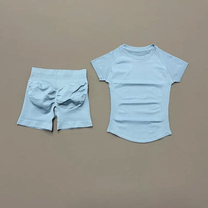 2Pcs Women Fitness Set Short Sleeve Low Ribbed Waist Shorts Ruched Butt Lifting Quick Dry Breathable Stretch Gym Workout Set