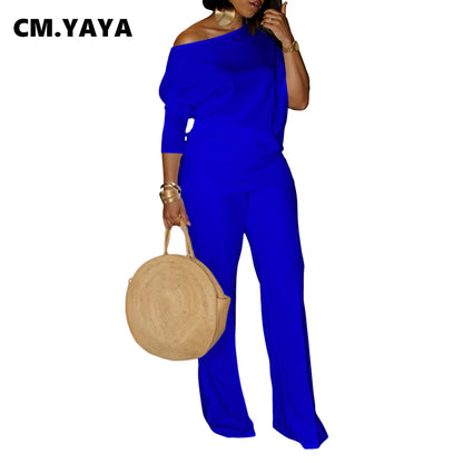 CM.YAYA Women's Set Full Sleeve Skew collar T-shirt + Wide Leg Pants Suit 2024 Fall Winter Fitness Two 2 Piece Sets Outfits