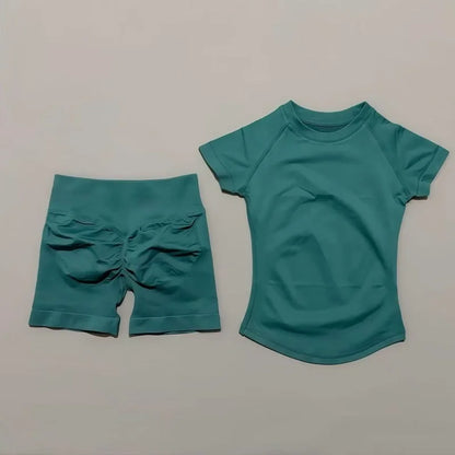 2Pcs Women Fitness Set Short Sleeve Low Ribbed Waist Shorts Ruched Butt Lifting Quick Dry Breathable Stretch Gym Workout Set
