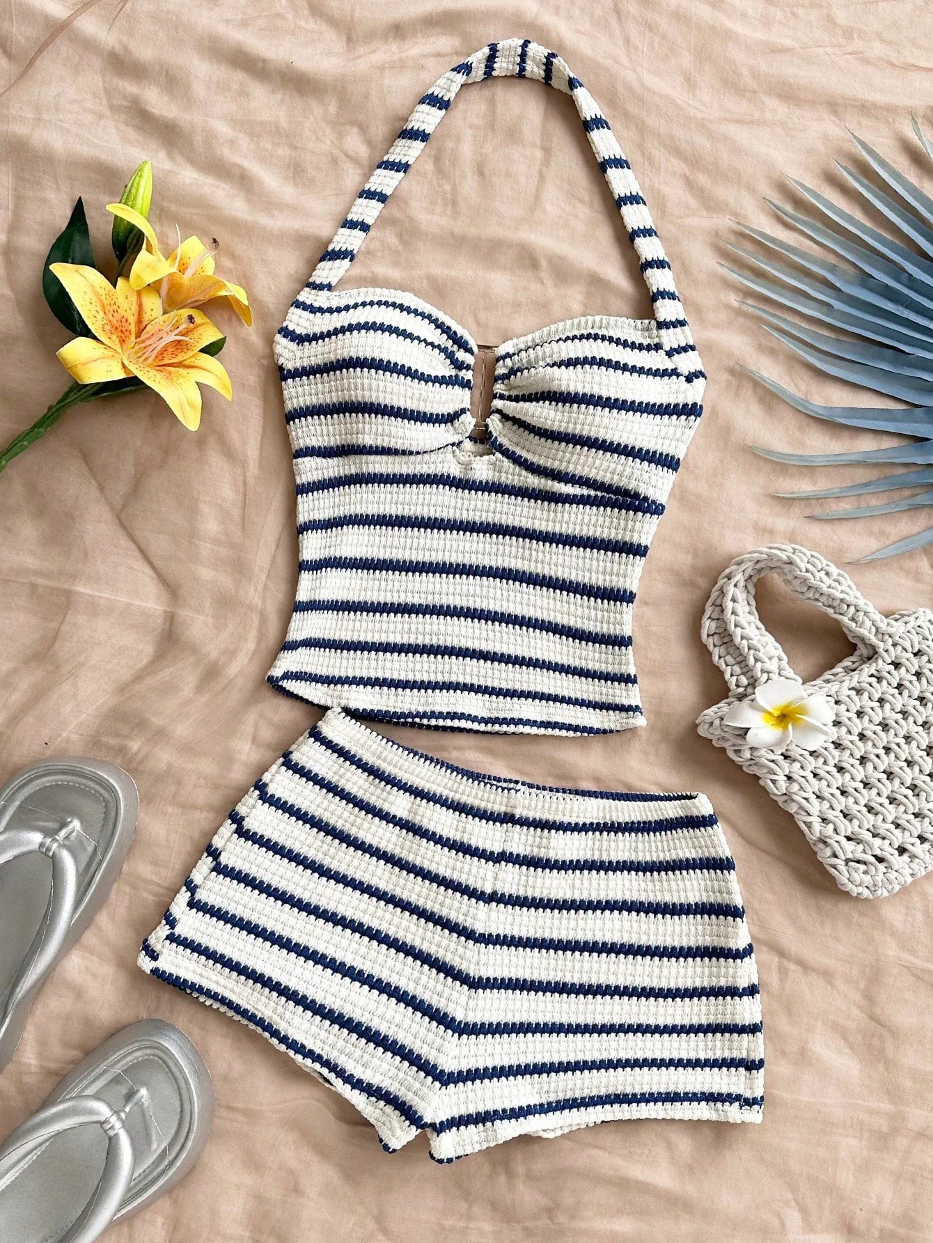 Women's Summer Striped Ruffled Back Top & Shorts Casual Set