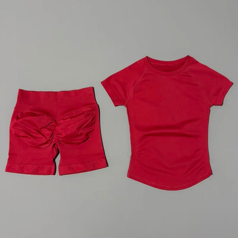 2Pcs Women Fitness Set Short Sleeve Low Ribbed Waist Shorts Ruched Butt Lifting Quick Dry Breathable Stretch Gym Workout Set