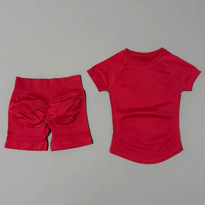 2Pcs Women Fitness Set Short Sleeve Low Ribbed Waist Shorts Ruched Butt Lifting Quick Dry Breathable Stretch Gym Workout Set