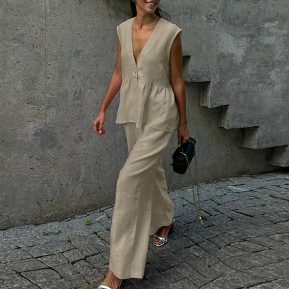 Ladies Casual V Neck Sleeveless Top with Pants 2pc Sets Summer High Street Pocket Loose Outfit Elegant Button Solid Color Suit