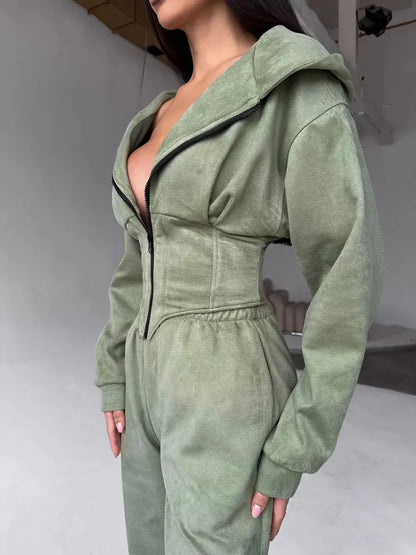 Zekye Women's Autumn Solid Color Waist-Cinched Hooded Sweatshirt Long Pants 2-Piece Sporty Casual Set Women's Tracksuit Elegant