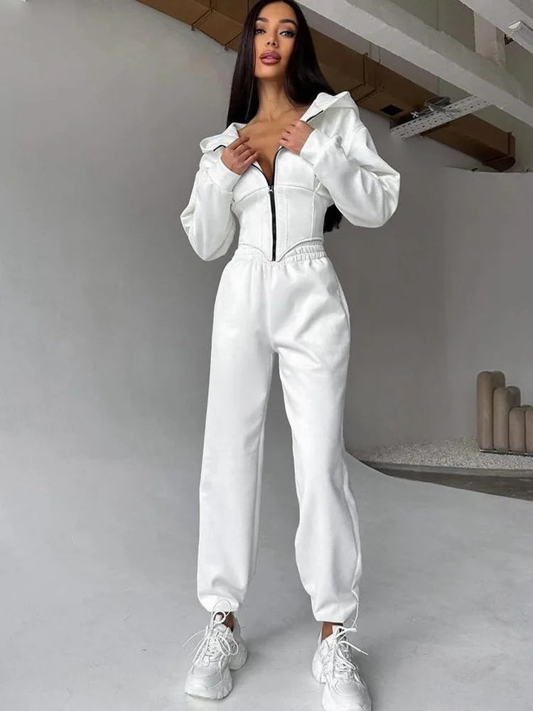 Zekye Women's Autumn Solid Color Waist-Cinched Hooded Sweatshirt Long Pants 2-Piece Sporty Casual Set Women's Tracksuit Elegant