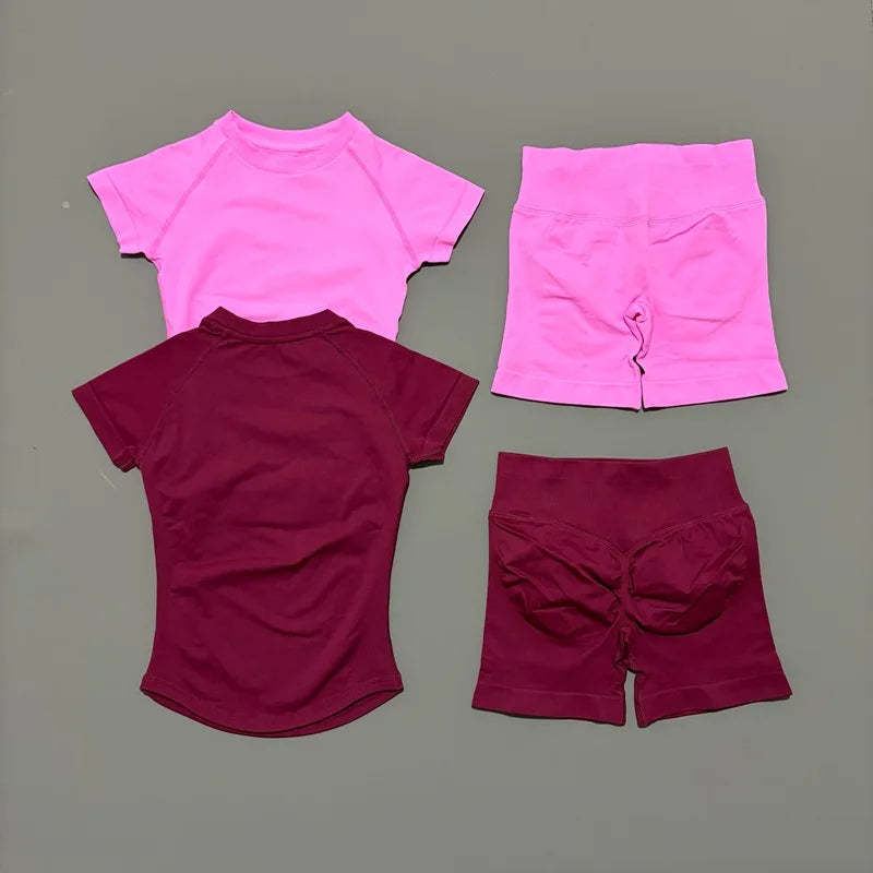 2Pcs Women Fitness Set Short Sleeve Low Ribbed Waist Shorts Ruched Butt Lifting Quick Dry Breathable Stretch Gym Workout Set