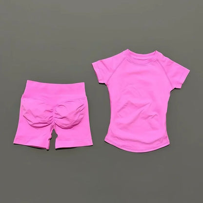 2Pcs Women Fitness Set Short Sleeve Low Ribbed Waist Shorts Ruched Butt Lifting Quick Dry Breathable Stretch Gym Workout Set