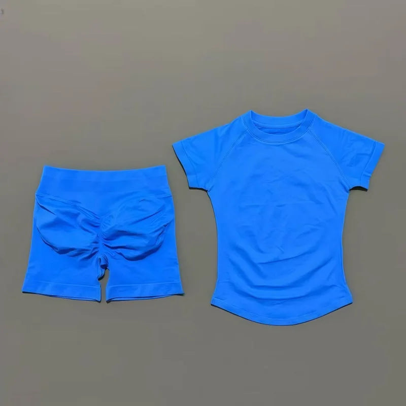 2Pcs Women Fitness Set Short Sleeve Low Ribbed Waist Shorts Ruched Butt Lifting Quick Dry Breathable Stretch Gym Workout Set