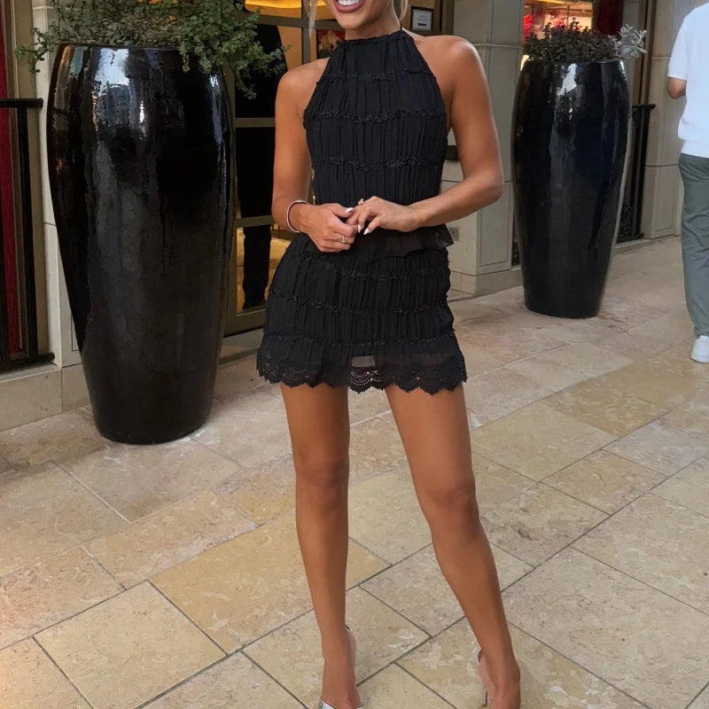 Two Piece Skirt Sets for Women Going Out Backless Halter Tie Top Flowy Smocked Mini Skirt 2 Piece Outfit Y2k Set Streetwear