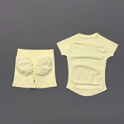 2Pcs Women Fitness Set Short Sleeve Low Ribbed Waist Shorts Ruched Butt Lifting Quick Dry Breathable Stretch Gym Workout Set