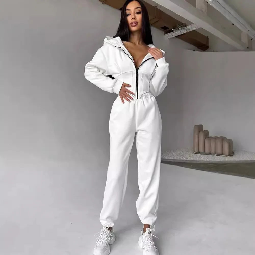 Zekye Women's Autumn Solid Color Waist-Cinched Hooded Sweatshirt Long Pants 2-Piece Sporty Casual Set Women's Tracksuit Elegant