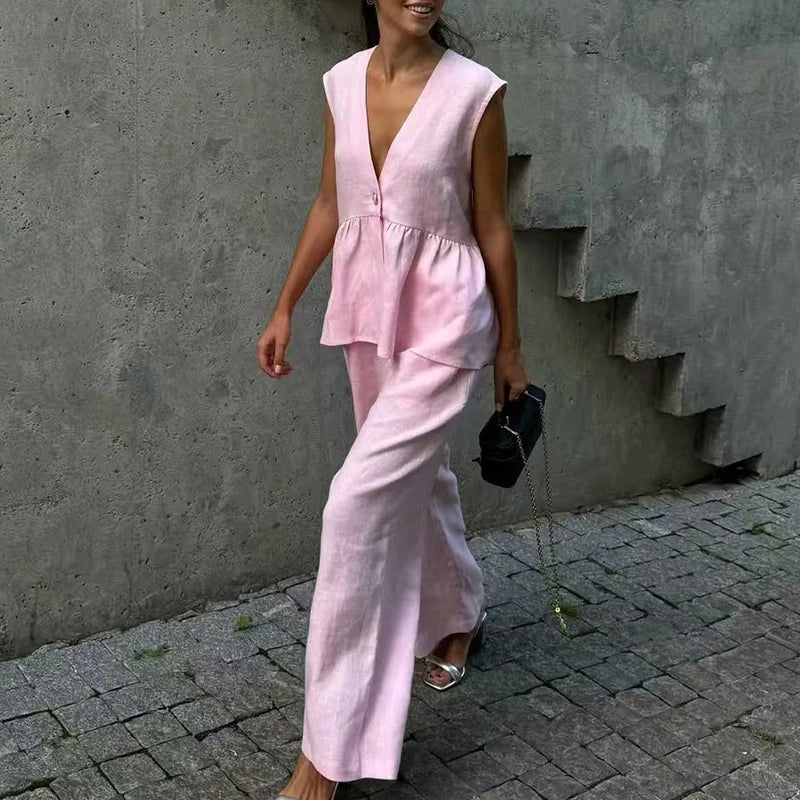 Ladies Casual V Neck Sleeveless Top with Pants 2pc Sets Summer High Street Pocket Loose Outfit Elegant Button Solid Color Suit