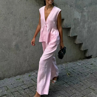 Ladies Casual V Neck Sleeveless Top with Pants 2pc Sets Summer High Street Pocket Loose Outfit Elegant Button Solid Color Suit
