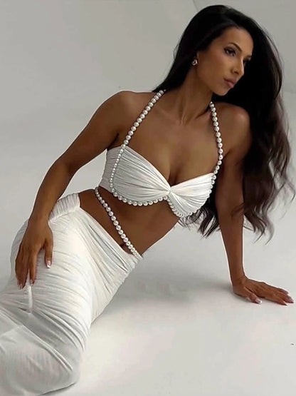 Sexy Bead Patchwork 2-Piece Set Women Ruched Halter with Bra+Waistless Bottom Matching Elegant Beach Vacation Slim Outfits