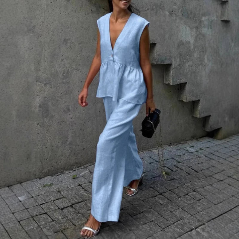 Ladies Casual V Neck Sleeveless Top with Pants 2pc Sets Summer High Street Pocket Loose Outfit Elegant Button Solid Color Suit