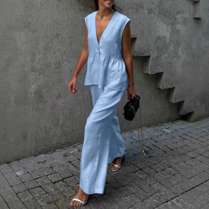 Ladies Casual V Neck Sleeveless Top with Pants 2pc Sets Summer High Street Pocket Loose Outfit Elegant Button Solid Color Suit