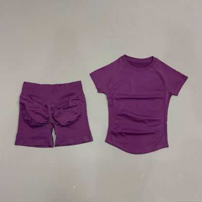 2Pcs Women Fitness Set Short Sleeve Low Ribbed Waist Shorts Ruched Butt Lifting Quick Dry Breathable Stretch Gym Workout Set