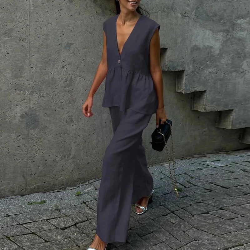 Ladies Casual V Neck Sleeveless Top with Pants 2pc Sets Summer High Street Pocket Loose Outfit Elegant Button Solid Color Suit