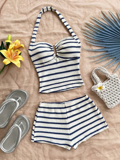 Women's Summer Striped Ruffled Back Top & Shorts Casual Set