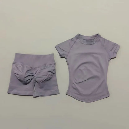 2Pcs Women Fitness Set Short Sleeve Low Ribbed Waist Shorts Ruched Butt Lifting Quick Dry Breathable Stretch Gym Workout Set