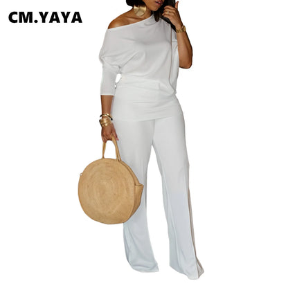 CM.YAYA Women's Set Full Sleeve Skew collar T-shirt + Wide Leg Pants Suit 2024 Fall Winter Fitness Two 2 Piece Sets Outfits