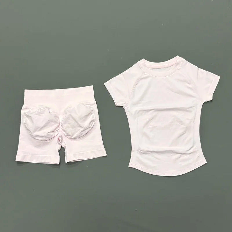 2Pcs Women Fitness Set Short Sleeve Low Ribbed Waist Shorts Ruched Butt Lifting Quick Dry Breathable Stretch Gym Workout Set