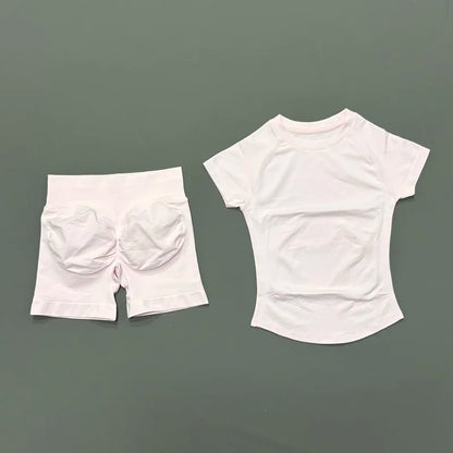 2Pcs Women Fitness Set Short Sleeve Low Ribbed Waist Shorts Ruched Butt Lifting Quick Dry Breathable Stretch Gym Workout Set