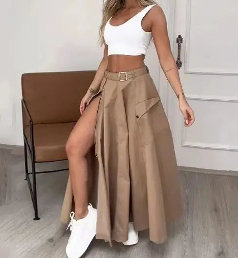 Women's Elegant Two-Piece Set 2024 Spring Summer New Sleeveless Fashion Casual Vest Solid Slit Belt Skirt Two-Piece Set Outfits