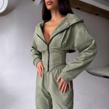 Zekye Women's Autumn Solid Color Waist-Cinched Hooded Sweatshirt Long Pants 2-Piece Sporty Casual Set Women's Tracksuit Elegant