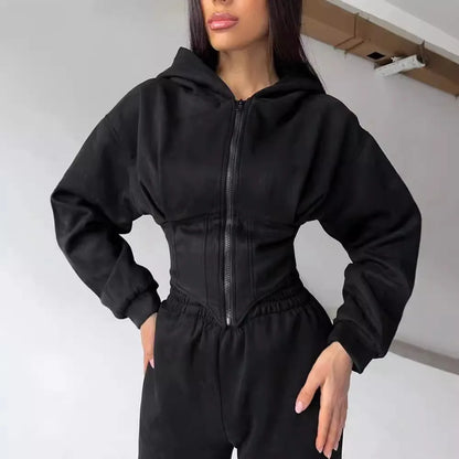 Zekye Women's Autumn Solid Color Waist-Cinched Hooded Sweatshirt Long Pants 2-Piece Sporty Casual Set Women's Tracksuit Elegant