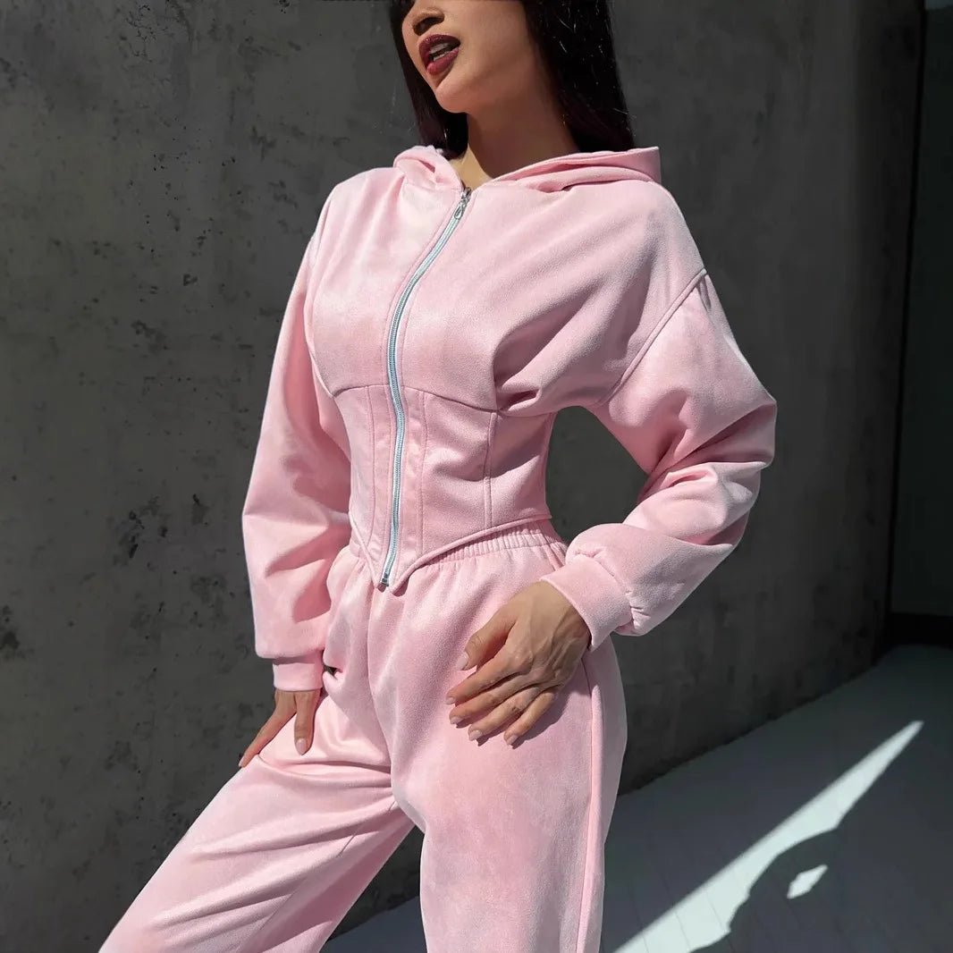 Zekye Women's Autumn Solid Color Waist-Cinched Hooded Sweatshirt Long Pants 2-Piece Sporty Casual Set Women's Tracksuit Elegant