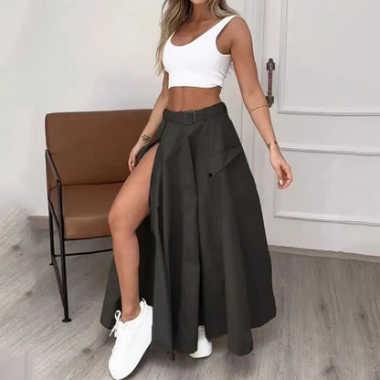 Women's Elegant Two-Piece Set 2024 Spring Summer New Sleeveless Fashion Casual Vest Solid Slit Belt Skirt Two-Piece Set Outfits