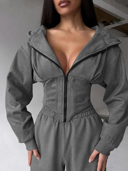 Zekye Women's Autumn Solid Color Waist-Cinched Hooded Sweatshirt Long Pants 2-Piece Sporty Casual Set Women's Tracksuit Elegant