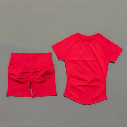 2Pcs Women Fitness Set Short Sleeve Low Ribbed Waist Shorts Ruched Butt Lifting Quick Dry Breathable Stretch Gym Workout Set