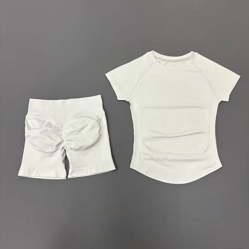 2Pcs Women Fitness Set Short Sleeve Low Ribbed Waist Shorts Ruched Butt Lifting Quick Dry Breathable Stretch Gym Workout Set