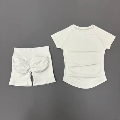 2Pcs Women Fitness Set Short Sleeve Low Ribbed Waist Shorts Ruched Butt Lifting Quick Dry Breathable Stretch Gym Workout Set