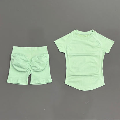 2Pcs Women Fitness Set Short Sleeve Low Ribbed Waist Shorts Ruched Butt Lifting Quick Dry Breathable Stretch Gym Workout Set