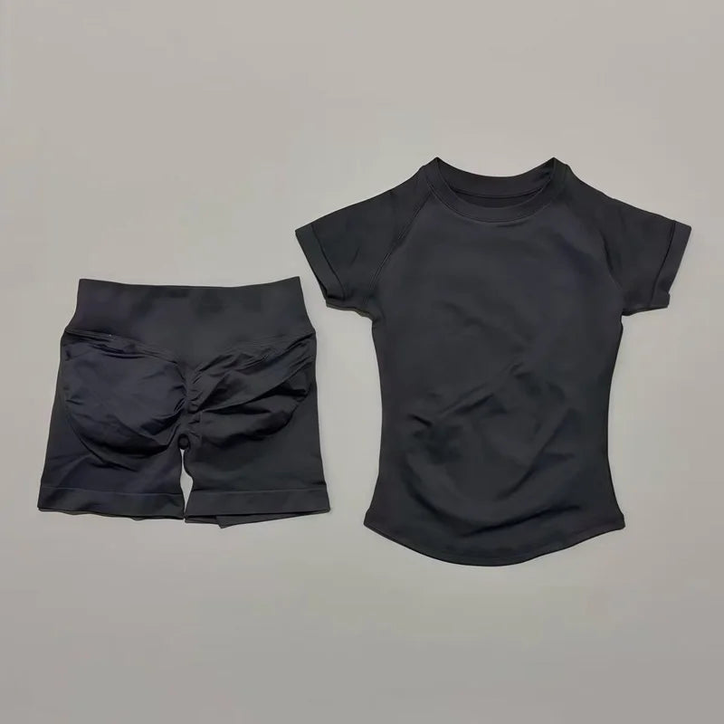 2Pcs Women Fitness Set Short Sleeve Low Ribbed Waist Shorts Ruched Butt Lifting Quick Dry Breathable Stretch Gym Workout Set