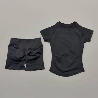 2Pcs Women Fitness Set Short Sleeve Low Ribbed Waist Shorts Ruched Butt Lifting Quick Dry Breathable Stretch Gym Workout Set