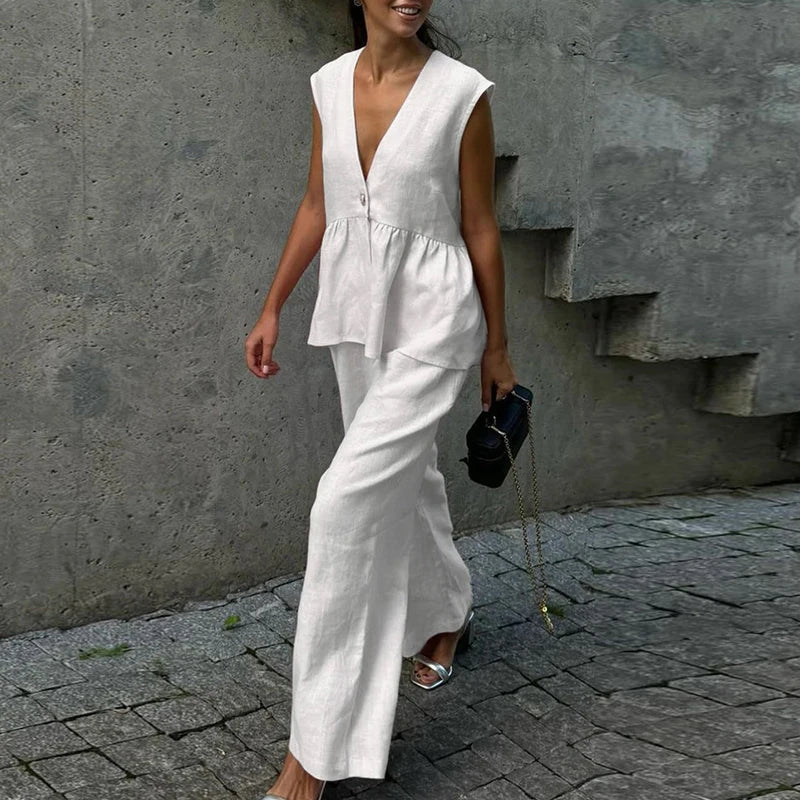 Ladies Casual V Neck Sleeveless Top with Pants 2pc Sets Summer High Street Pocket Loose Outfit Elegant Button Solid Color Suit