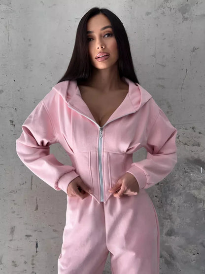 Zekye Women's Autumn Solid Color Waist-Cinched Hooded Sweatshirt Long Pants 2-Piece Sporty Casual Set Women's Tracksuit Elegant