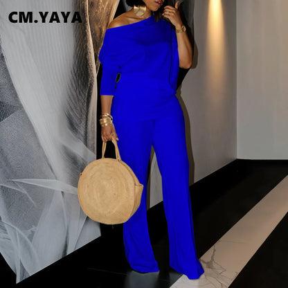 CM.YAYA Women's Set Full Sleeve Skew collar T-shirt + Wide Leg Pants Suit 2024 Fall Winter Fitness Two 2 Piece Sets Outfits