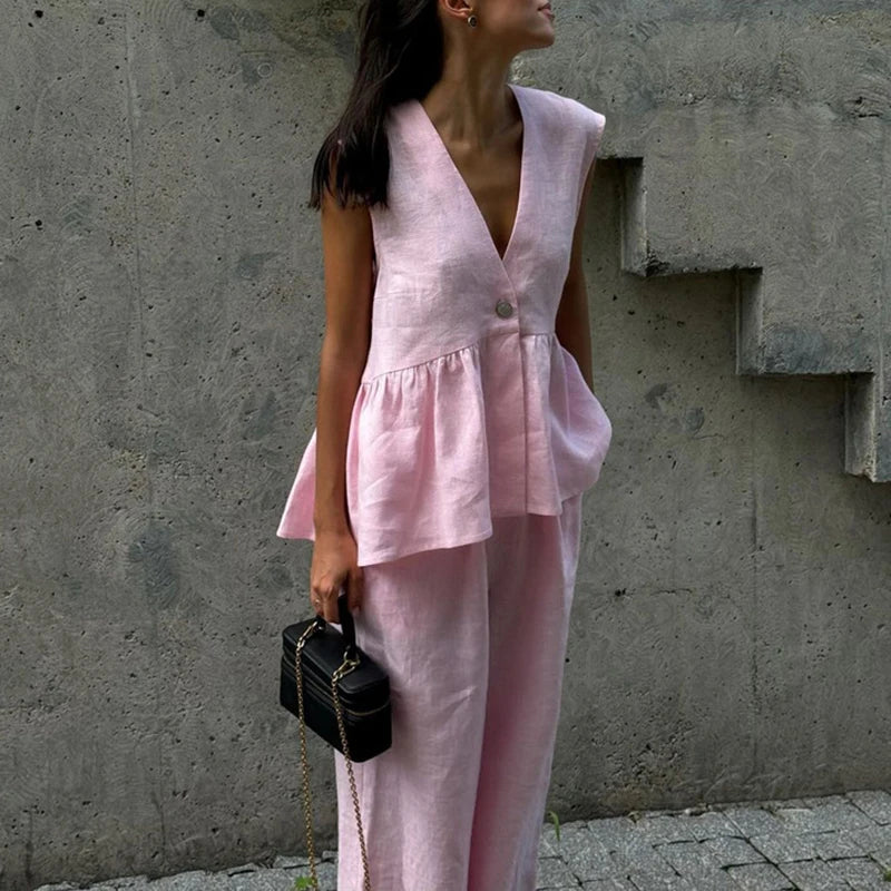 Ladies Casual V Neck Sleeveless Top with Pants 2pc Sets Summer High Street Pocket Loose Outfit Elegant Button Solid Color Suit